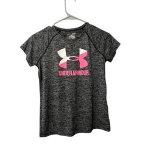 Under Armour Girls Heatgear Loose Fit Short Sleeve Shirt Gray Pink‎ Logo Large
